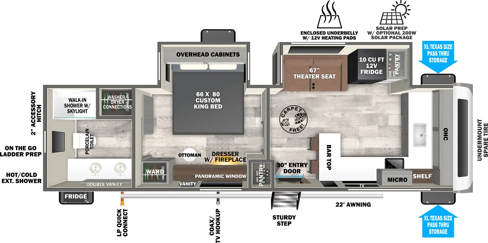 The Hemisphere Travel Trailers 261FKRB has one entry and two slide outs. Exterior features include: fiberglass exterior and 22' awning. Interiors features include: front kitchen and rear bathroom.